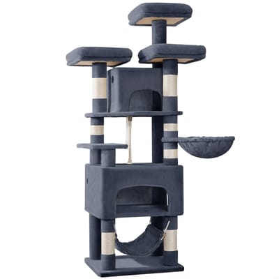 Krabpaal XL – Voor Binnenkatten – Kattenboom met 3 Platforms, 2 Grotten, 7 Krabpalen en Hangmat – Donkergrijs