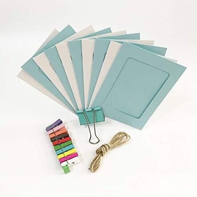 10 stuks Papieren Fotolijst Set met Kleurrijke Houten Clips en Hennepkoord - 10 x 15 cm Formaat - Blauw en Wit Kraft Papier - Wanddecoratie voor Huis, Kantoor of Winkel