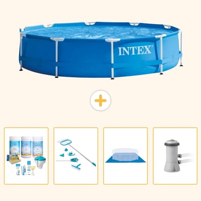 Intex Rond Frame Zwembad - 366 x 76 cm - Blauw - Inclusief Onderhoudspakket - Schoonmaakset - Grondzeil - Zwembadfilterpomp - 5-delig