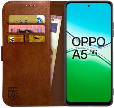 Rosso Element Geschikt voor Oppo A5 (2025) | Wallet Book Case | Portemonnee Hoesje | 3 Pasjes | Magneetsluiting | Stand Functie | Bruin