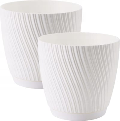 Form Plastic Plantenpot/bloempot Waves - 2x - kunststof - ivoor wit - D27 x H24 cm - met opvang schotel - rond