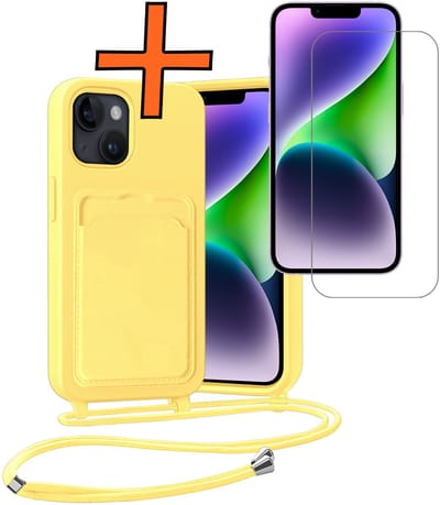 Hoesje Geschikt voor iPhone 13 Hoesje Met Telefoonketting Pasjeshouder Case Met Screenprotector Koord - Hoesje Geschikt voor iPhone 13 Hoes Met Kaarthouder - Geel