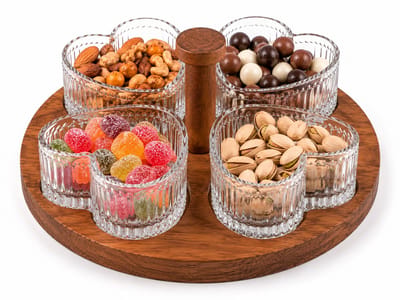 Glozini Hartvormige Glazen Schaaltjes Set met Houten Serveerplank - 5-delig - Glas/Hout