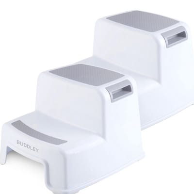 BUDDLEY Opstapje SET '- Opstapkrukje Kind - Opstapje Toilet Kinderen - Opstapjes - Trapje - Krukje WC - Keuken Opstapje - Kindertoilet - Toilet krukje - WC Opstapje - Kind Opstapjes - keukentrapje 2 treden - Wit Grijs - Kunststof