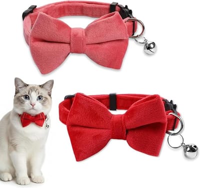 Kattenhalsband met Strik - 2 stuks - Eén maat 18–32 cm - Kattenhalsband - Kattenbandje - Halsband kat - Katten halsband - Licht Roze en Rood - effen en bruiloft basiskleur - vlinderdas kraag