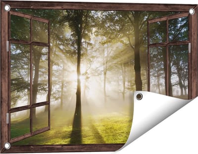 Gards Tuinposter Doorkijk Zon tussen de Bomen - 60x40 cm - Tuindoek - Tuindecoratie - Wanddecoratie buiten - Tuinschilderij