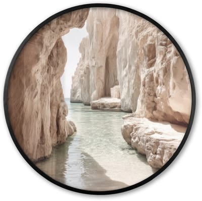 Poster in lijst Rond - Fotolijst 60x60 cm - Posters - Rotsen - Zee - Zand - Kloof - Ronde posterlijst zwart - Decoratie - Wanddecoratie woonkamer - Muurdecoratie slaapkamer