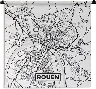 Wandkleed - Wanddoek - Stadskaart - Frankrijk - Kaart - Rouen - Plattegrond - Zwart wit - 180x180 cm - Wandtapijt