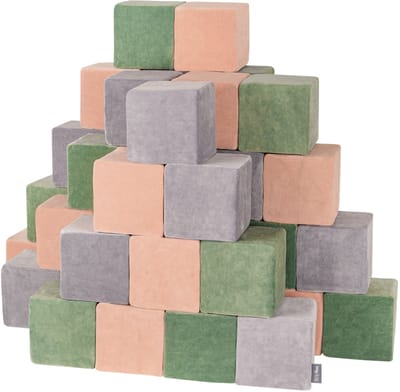 KiddyMoon Soft VELVET blokken 14cm blokjes: bosgroen-woestijnroze-berggrijs 48 schuimblokken speelgoed