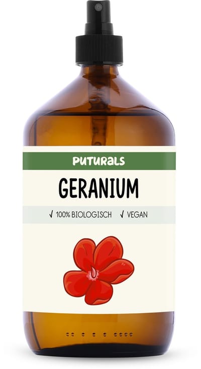 Puturals Geraniumwater 100% Biologisch - 1000ml - Puur en Vegan - Geranium Spray voor Huid en Haar - Zonder Alcohol - Bijproduct van Geranium Olie - Bruine Glazen Fles + Verstuiver