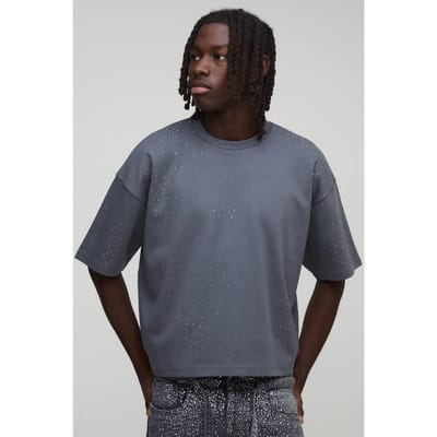 Oversized Ingekrompen Boxy Rhinestone Heavyweight Interlock T-Shirt | Charcoal | Size Small
