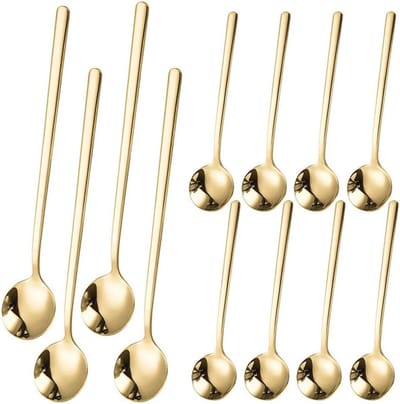 Gouden Koffielepels Set van 12 Stuks - Lange en Korte Lepels voor Thuis en Buitenshuis
