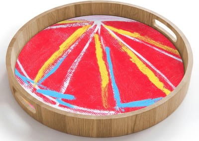 Dienblad rond 40x40 cm - Schootdienblad hout - Grapefruit - Geschilderd - Roze - Strepen - Borrelplank rechthoek - Plateau houten dienbladen