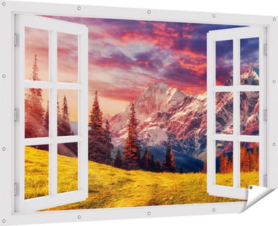 Gards Tuinposter Doorkijk Alpen Landschap met een Kleurrijke Hemel - 180x120 cm - Tuindoek - Tuindecoratie - Wanddecoratie buiten - Tuinschilderij