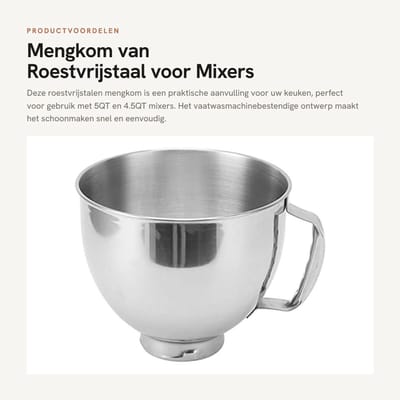 Dailygoods- Mengkom Roestvrij Staal - Handvat - Vaatwasmachinebestendig - Compatibel met 4.5QT/5QT Mixers - Hygiënisch - Robuuste Constructie - Keukenkom