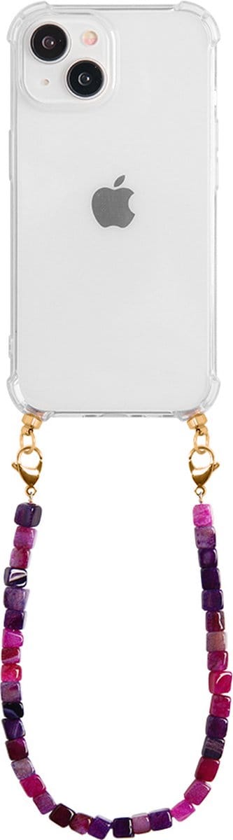 Casies hoesje geschikt voor Apple iPhone 13 Mini met koord - Natural stones ketting - short size - Natuurstenen - Cord Case
