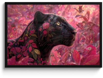 Poster in lijst - Fotolijst 90x60 cm - Posters - Luipaard - Bloemen - Roze - Posterlijst zwart - Decoratie - Wanddecoratie woonkamer - Muurdecoratie slaapkamer