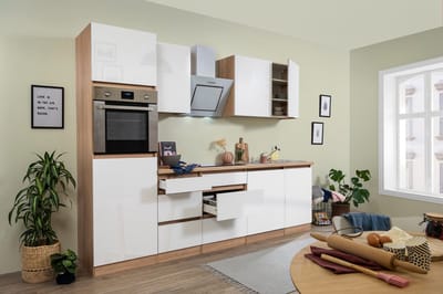 Goedkope keuken 280 cm - complete keuken met apparatuur Lorena - Eiken/Wit - soft close - keramische kookplaat - vaatwasser - afzuigkap - oven - spoelbak