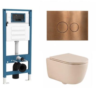QeramiQ Dely Swirl Toiletset - inbouwreservoir Qeramiq Flush - slim zitting - metaal koperen bedieningsplaat - ronde knoppen - beige