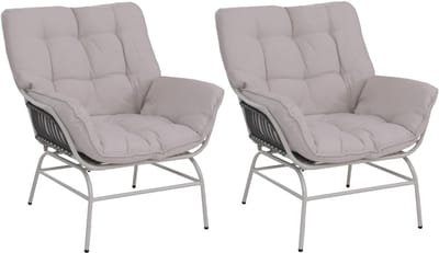 Set van 2 tuinstoelen MCW-P75, tuinstoel loungestoel, stof 220 g/m² polyrotan metaal ~ lichtgrijs, bekleding beige