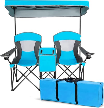 Tweepersoons Campingstoel met Zonnescherm XXL - Inklapbaar Strandstoel voor Tuin en Vakantie met Tafel en Bekerhouders - Blauw
