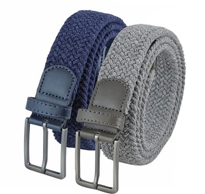 Landley Voordeelset Gemêleerde Elastische Riemen Blauw & Grijs – Luxe Gevlochten Stretch Riemen - Dames & Heren - Duopack - Lengte totaal 110 cm / Riemmaat 95