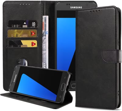 Geschikt voor Samsung Galaxy S7 Telefoonhoesje Kunstleer met Magnetisch lipje en Pasjeshouder Book Case met Klepje - Zwart - Smartphonica geschikt voor Samsung Galaxy S7