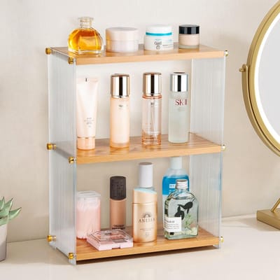 3-laags badkamer aanrechtorganizer gemaakt van acryl en hout, make-up organizer voor badkamer, decoratieve cosmetische organisator kruidenrek opbergrek voor woonkamer keuken slaapkamer