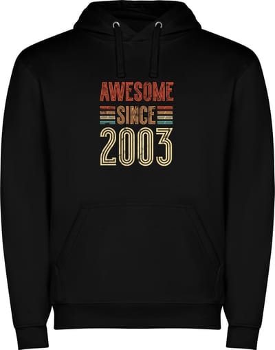 Zwarte unisex hoodie met “ Kleurrijke Awesome Since 2003 – Vintage stijl – Leeftijd – Verjaardag “ Print Full Color Color merk Roly maat S