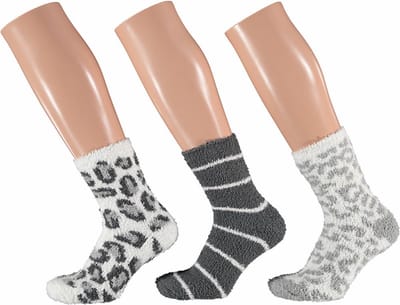 Apollo Dames fluffy bedsokken/huissokken - 3-pak animal/stripe - maat 36-41