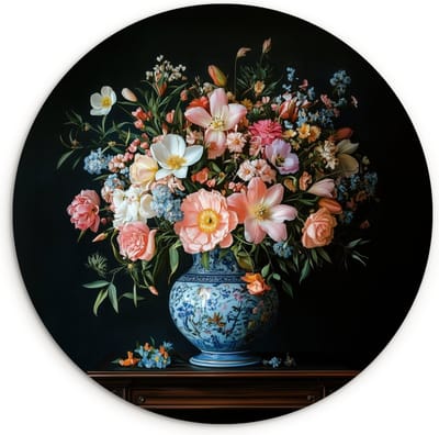 WallCircle® Wandcirkel 90x90 cm - Muurcirkel Roze - Bloemen - Vaas - Kleuren - Muurdecoratie woonkamer - Wanddecoratie slaapkamer - Kamer decoratie accessoires - Ronde schilderijen