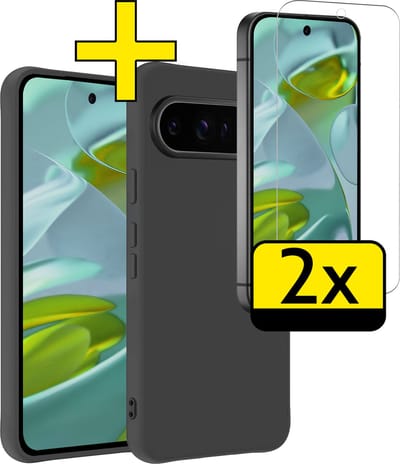 Hoesje - Met 2x Screenprotector - Geschikt voor Google Pixel 9 Pro - Sterk & Shockproof - Back Cover - Siliconen Case - Telefoon Hoes - Telefoonhoesjes - Zwart
