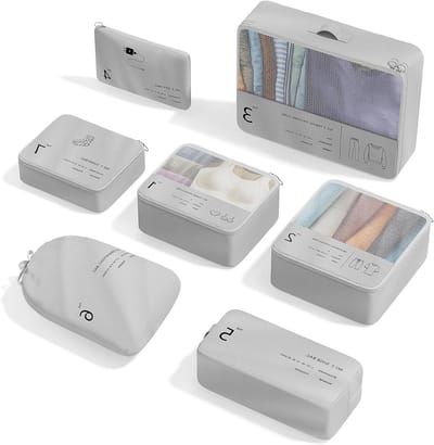 Organiser Set voor Koffers, 7-delige Inpakset met Kledingzakken, Grijs, Ademend Mesh, Duurzaam en Compact, 20 cm x 10 cm x 4 cm