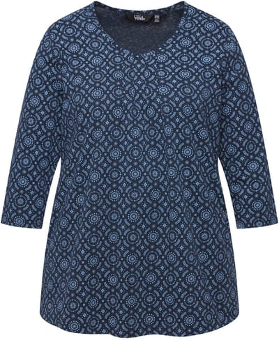 Ulla Popken - Dames - Shirt A-lijn sierplooien V-hals driekwartsmouwen - Marine - Maat 62+