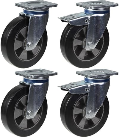 200 mm (8") zwenkwiel met zwenk- en remfunctie, zwart rubber, zeer stevig, draagvermogen 1800 kg, set van 4