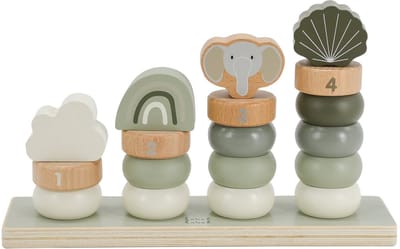Label Label - Houten Stapelringen - Olijfgroen - FSC Hout - Inclusief 18 Ringen, Topblokken & Standaard - Stimuleert Motoriek, Rekenen en Fantasie - Geschikt voor Kindjes vanaf 18 Maanden