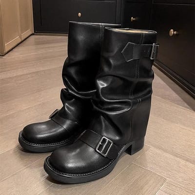 Geplooide Gesp Ridderlaarzen voor Dames Herfst Bruin PU Leer Middelhoge Laarzen Vrouw Slip-On Dikke Hak Rijlaarzen 40 zwart
