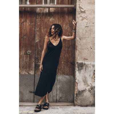 Mikuta The Black Long Lyocell Slip Dress Black Maat: M | Midi Jurken Outlet | Dames | Zwart