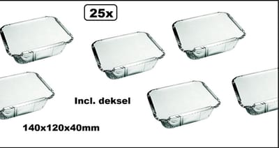 25x Aluminium schaal met deksel 140x120x40mm - snack shoarma festival thema friet vlees patat warmhoud bak