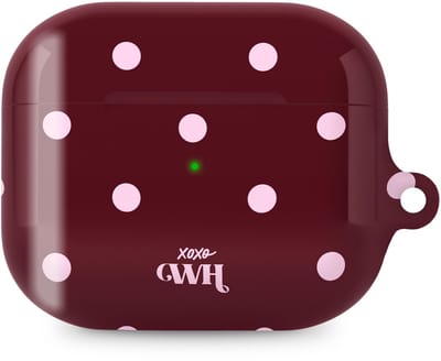 xoxo Wildhearts hoesje geschikt voor AirPods Pro - Polka Dots (Burgundy) - Ook als telefoonhoesje verkrijgbaar - schokbestendige case - koptelefoonhoesje - Beschermhoes met stippenpatroon - Bordeauxrood met witte stippen