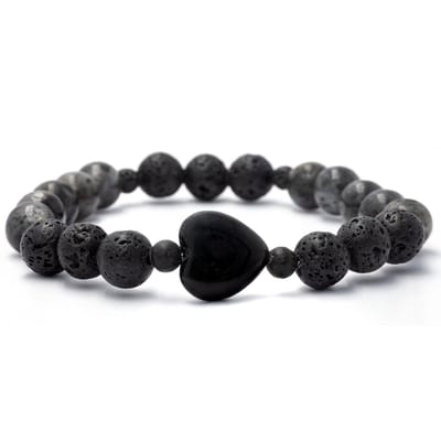 Bixorp Gems Lavasteen + Obsidiaan Armband met Hartje - 8mm / 18cm - Edelstenen Kralenarmband