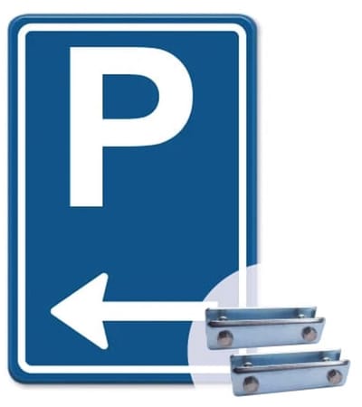 Parkeerbord Pijl links - blauw - Weerbestendig Aluminium - 30x45 cm - Bevestiging: Met hekbeugels (voor spijlen- of gaashek)