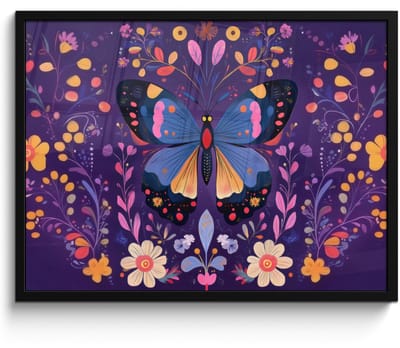 Poster in lijst - Fotolijst 70x50 cm - Posters - Sierlijk - Bloemen - Vlinder - Paars - Posterlijst zwart - Decoratie - Wanddecoratie woonkamer - Muurdecoratie slaapkamer