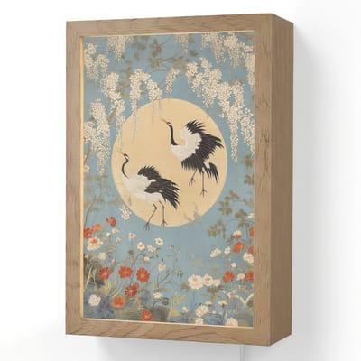 Wandlamp 20x30 cm - Oplaadbaar - Kraanvogels - Maan - Bloemen - Blauw - Wandlampen binnen woonkamer - Slaapkamer lamp met kabel - Decoratieve nachtlamp - Vloerlamp snoer