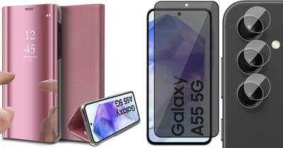Hoesje geschikt voor Samsung Galaxy A55 - Privacy Screenprotector Volledig Dekkend Glas & Camera - Spiegel Book Case Rosegoud