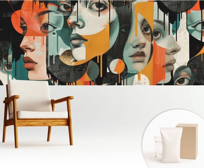 Wallfluent Behang - Kleurrijke gezichten Vliesbehang - 250x104 cm - Zwart Behang - Voor natuurliefhebbers en liefhebbers van lentelandschappen - Behang Voor de slaapkamer, woonkamer en hal - Behangrol Deel