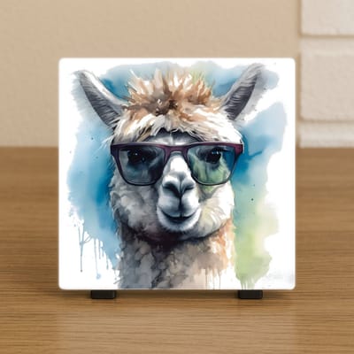 Wenstegel 10,5x10,5 cm – Waterverf Alpaca met Zonnebril – Trendy Decoratie – Decoratief Tegeltje met Standaard – Cadeau Idee