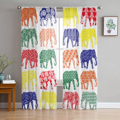 Dier Olifant Bloemen Silhouet Tule Gordijnen Voor Woonkamer Doorzichtig Gordijn Slaapkamer Voile Decoratieve Raambekleding 135W x 114H(cm) blue