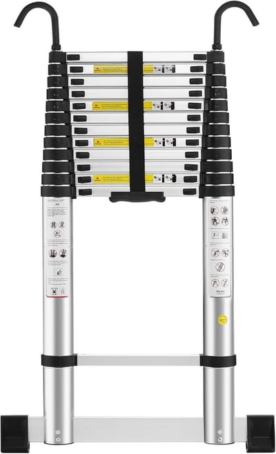 Telescopische Ladder - 5 meter - Uitschuifbare Ladder - Aluminium - Telescoopladder met Afneembare Haken en Balansbalk - 150 kg Belastbaar - Vouwladder - Inklapbare Ladder - Veiligheidsladder voor Klussen en Onderhoud - Lichtgewicht - Stabiel