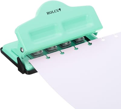 Lichtblauwe paddenstoelperforator voor A7 tot A3, 4 gaten, metaal, geschikt voor kalenders en notitieboeken